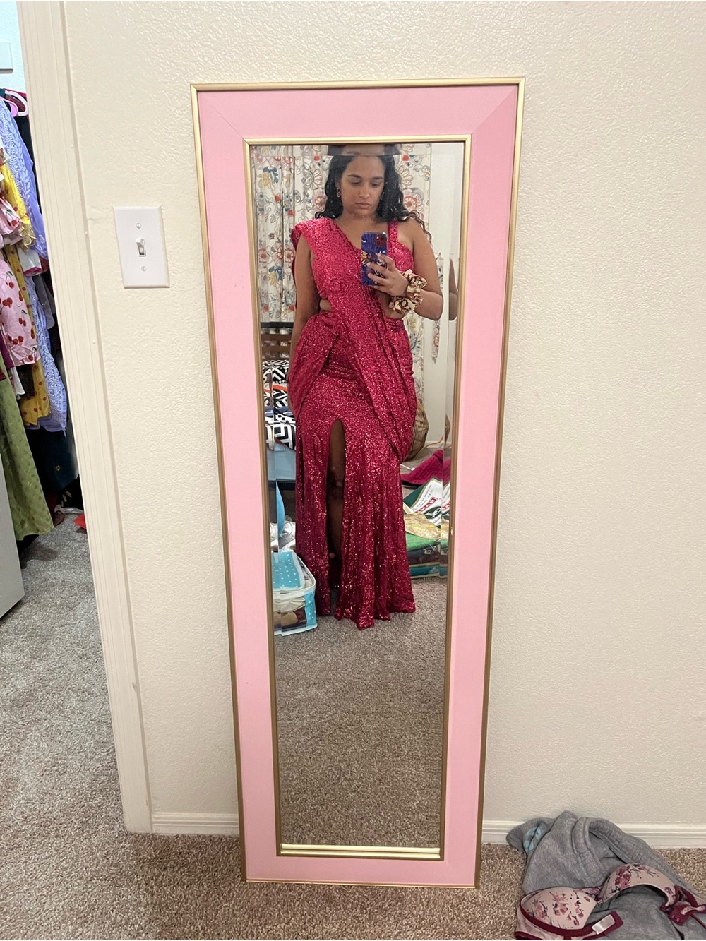 Fuchsia sequin indowestern saree with with front slit skirt
